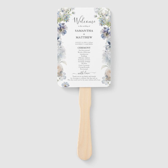 Elegant Dusty Blue Floral Wedding Program Hand Fan (Front)