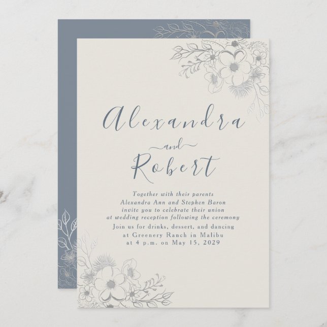 Elegant Dusty Blue Floral Wedding Reception Invitation (Front/Back)