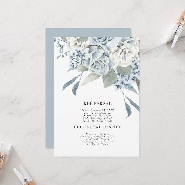 Elegant Dusty Blue Floral Wedding Rehearsal Invitation (Front/Back In Situ)