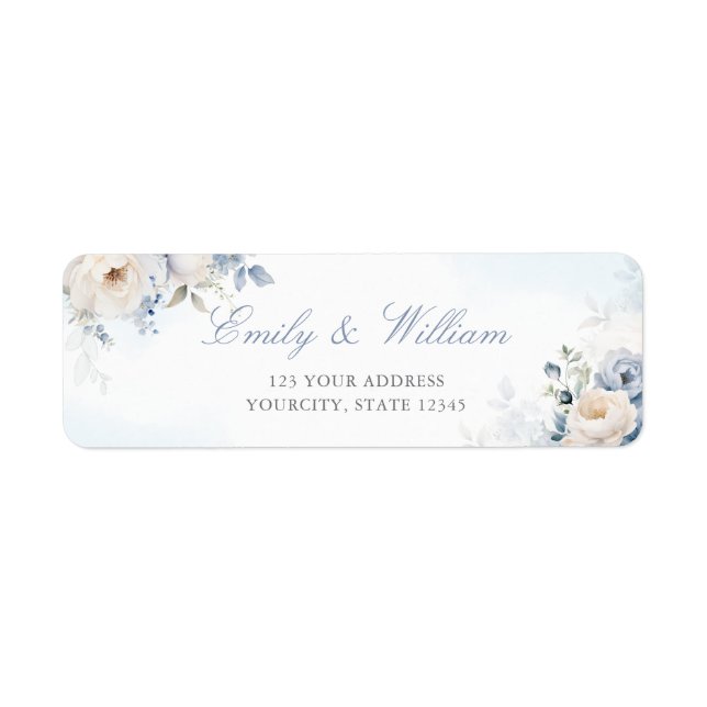 Elegant Dusty Blue Floral Wedding Return Address Label (Front)