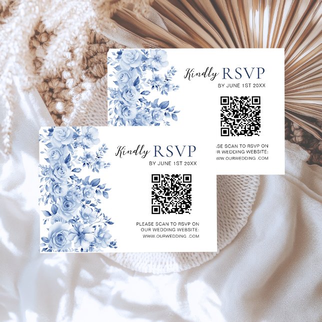 Elegant Dusty Blue Floral Wedding RSVP Card QR Cod (Creator Uploaded)