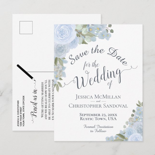 Elegant Dusty Blue Floral Wedding Save the Date Announcement Postcard (Front/Back)