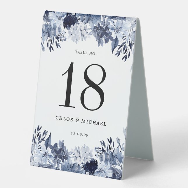Elegant Dusty Blue Floral Wedding Table Number (Front)