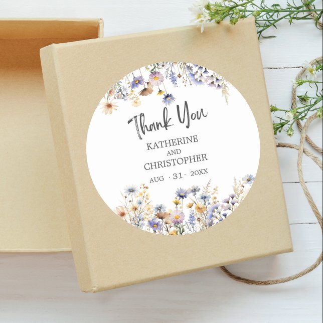 Elegant Dusty Blue Floral Wedding Thank You Classic Round Sticker (Elegant Dusty Blue Watercolor Floral Wedding Round Thank You Favor Sticker with Couple Names, Date.)