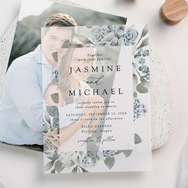 Elegant Dusty Blue Floral Wedding Vellum Invitations (Creator Uploaded)