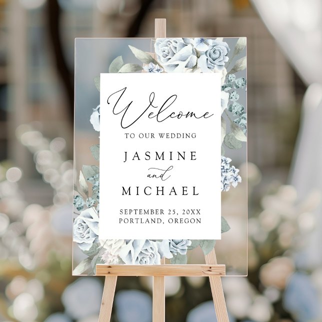 Elegant Dusty Blue Floral Wedding Welcome Acrylic Sign (Creator Uploaded)