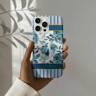 Elegant Dusty Blue Floral White Stripe Monogram iPhone 16 Pro Max Case