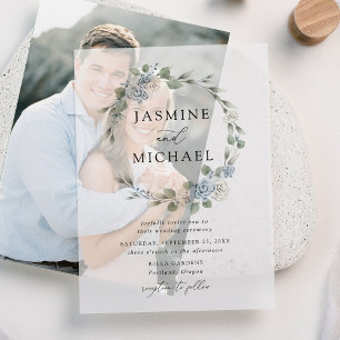 Elegant Dusty Blue Floral Wreath Wedding Vellum Invitations