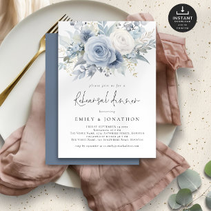 Elegant Dusty Blue Florals Rehearsal Dinner Invitation