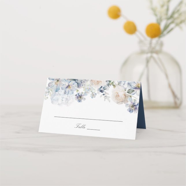 Elegant Dusty Blue Flowers Blush Roses Wedding Place Card (Front)