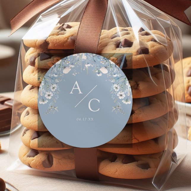 Elegant Dusty Blue Flowers Floral Wedding Classic Round Sticker (Creator Uploaded)