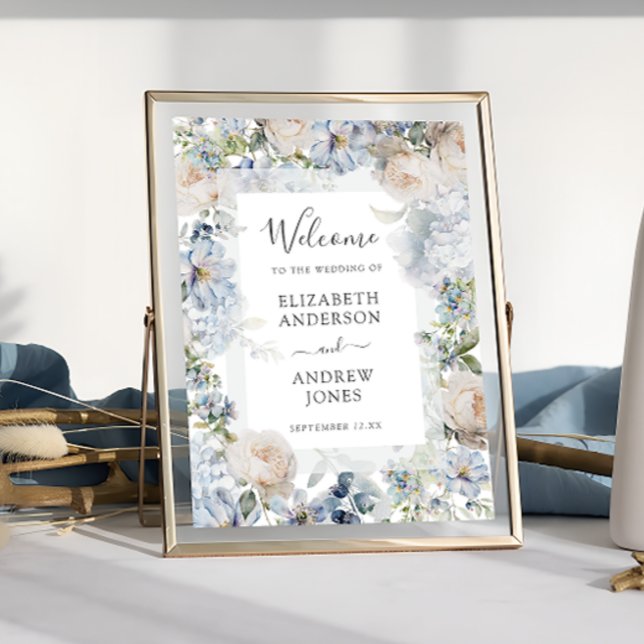 Elegant Dusty Blue Flowers Garden Wedding Welcome Poster (Creator Uploaded)