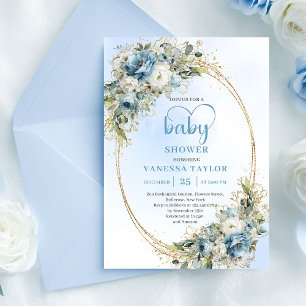 Elegant Dusty Blue Flowers Gold Baby Shower Invite