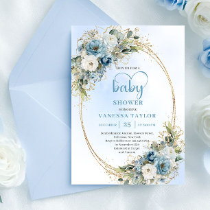 Elegant Dusty Blue Flowers Gold Baby Shower Invite