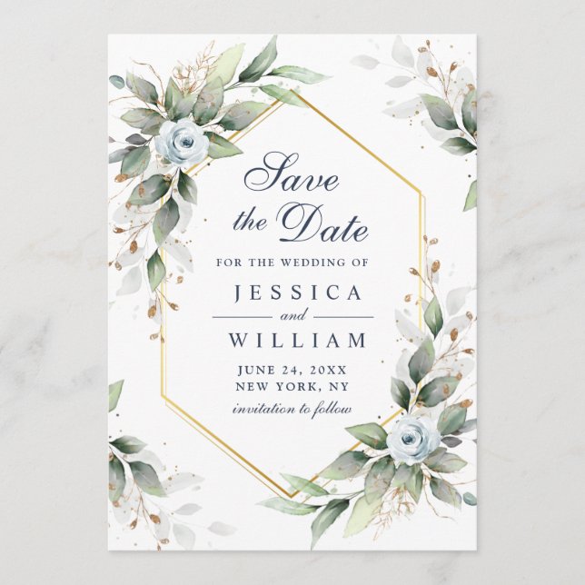 Elegant Dusty Blue Flowers Greenery Wedding Save The Date (Front)