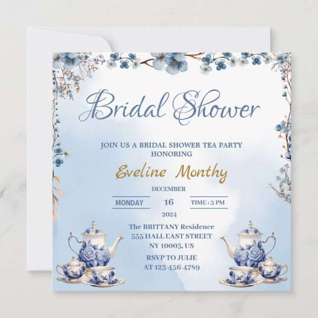 elegant dusty blue flowers tea party bridal shower invitation (Front)