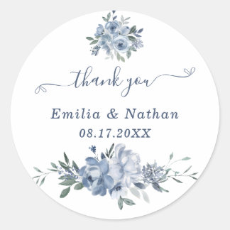 Elegant Dusty Blue Flowers Thank You Favour  Classic Round Sticker