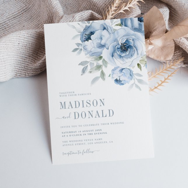 elegant dusty blue flowers wedding invitation (Creator Uploaded)