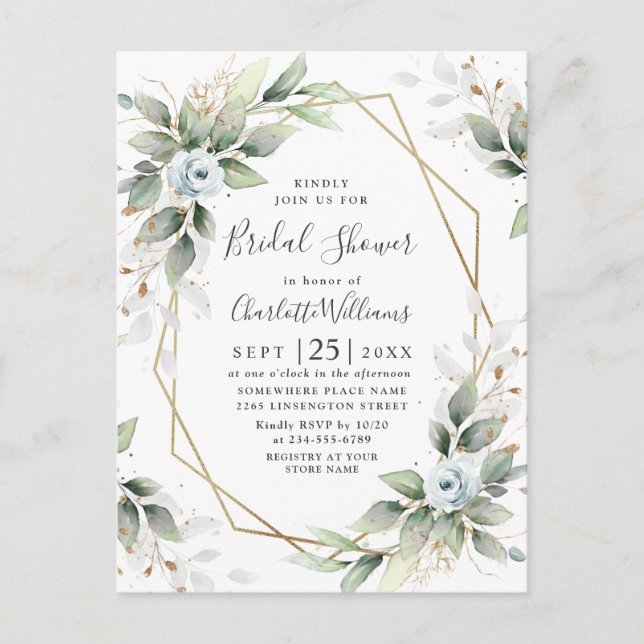 Elegant Dusty Blue Foliage Bridal Shower Card (Front)