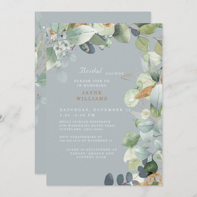 Elegant Dusty Blue Foliage Wedding Bridal Shower Invitation (Front/Back)