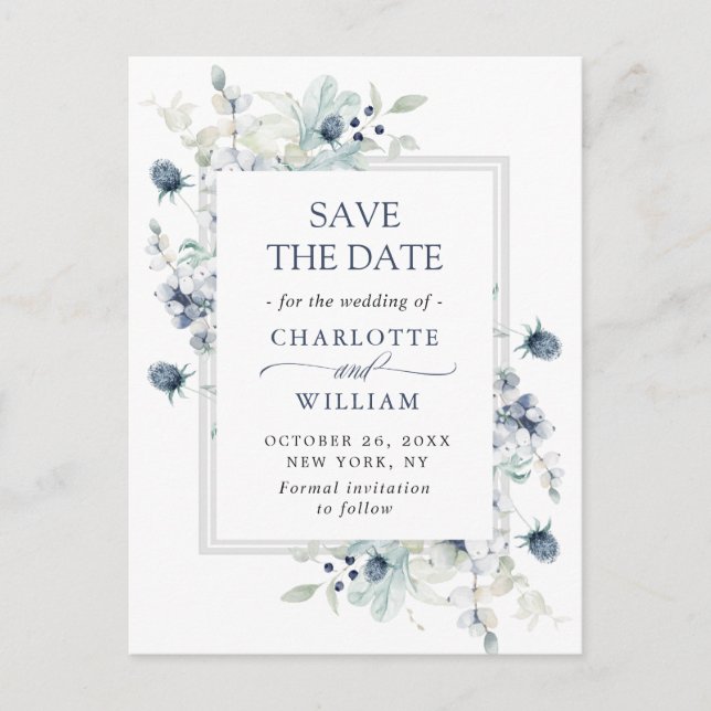 Elegant Dusty Blue Foliage Wedding Save the Date Announcement Postcard (Front)