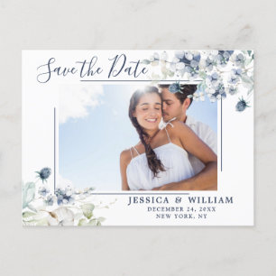Elegant Dusty Blue Foliage Wedding Save the Date Postcard