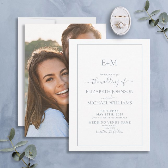 Elegant Dusty Blue Formal Monogram Photo Wedding Invitation (Creator Uploaded)