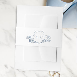 Elegant Dusty Blue French Floral Crest Invitation Belly Band
