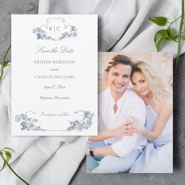 Elegant Dusty Blue French Floral Save the Date (Creator Uploaded)