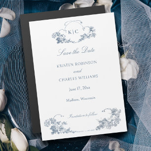 Elegant Dusty Blue French Floral Save the Date Magnetic Invitation