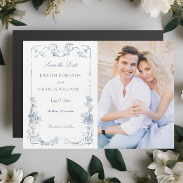Elegant Dusty Blue French Floral Save the Date Magnetic Invitation