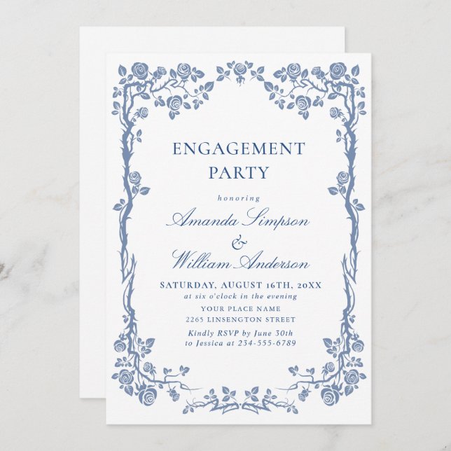 Elegant Dusty Blue French Garden ENGAGEMENT PARTY Invitation (Front/Back)