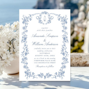 Elegant Dusty Blue French Garden Floral Wedding Invitation