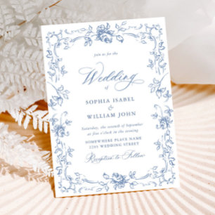 Elegant Dusty Blue French Garden Floral Wedding Invitation