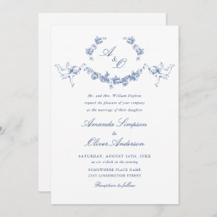 Elegant Dusty Blue French Garden Floral Wedding Invitation