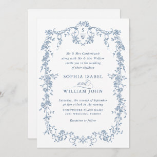 Elegant Dusty Blue French Garden Floral Wedding Invitation