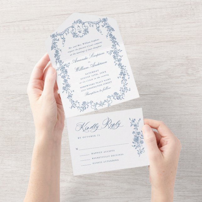 Elegant Dusty Blue French Garden Flowers Wedding All In One Invitation (Tearaway)
