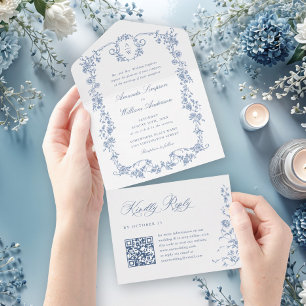Elegant Dusty Blue French Garden Flowers Wedding All In One Invitation