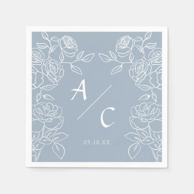 Elegant Dusty Blue French Roses Wedding Napkin (Front)