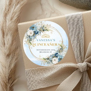 Elegant Dusty Blue Gold Eucalyptus Quinceañera Classic Round Sticker