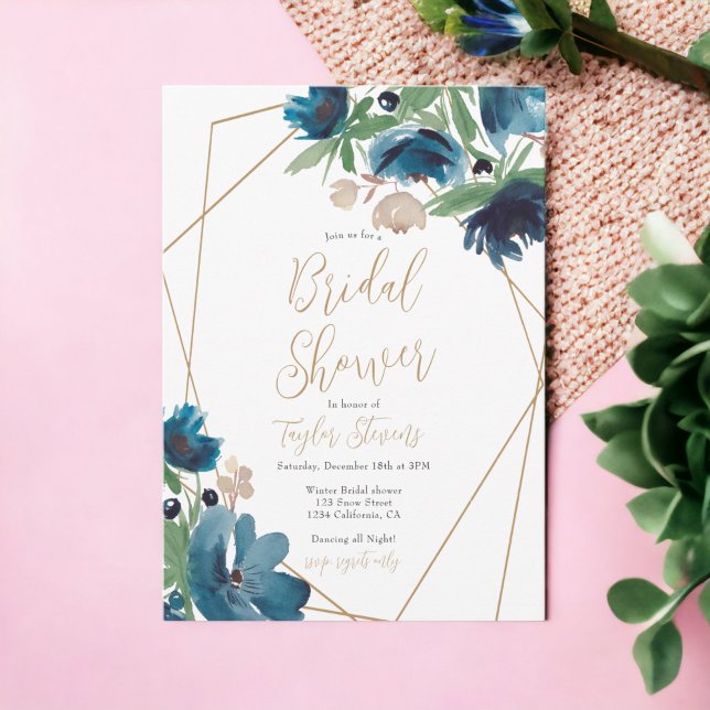 Elegant dusty blue gold Floral Bridal Shower Invitation (Elegant dusty blue gold Floral Bridal Shower Invitation)