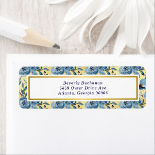 Elegant Dusty Blue Gold Floral Rose Return Address Label
