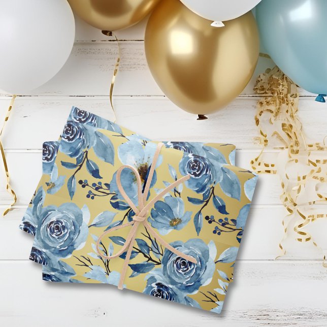 Elegant Dusty Blue Gold Floral Rose Set of 3 Wrapping Paper Sheet (Creator Uploaded)