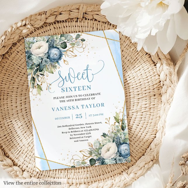 Elegant dusty blue gold floral sweet 16 invitation (Elegant dusty blue gold floral sweet 16 invitation

)