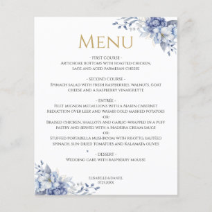 Elegant Dusty Blue Gold Floral Wedding Dinner Menu