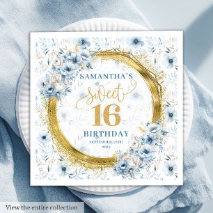 Elegant Dusty Blue Gold Glitter Sweet Sixteen  Napkin