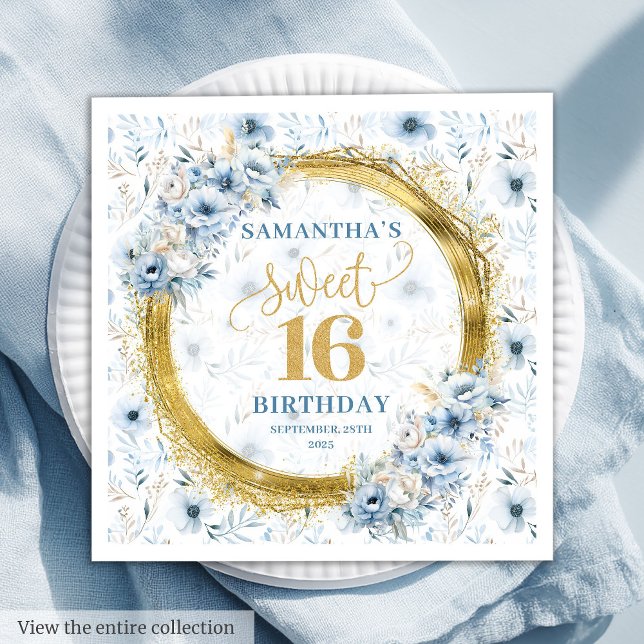 Elegant Dusty Blue Gold Glitter Sweet Sixteen  Napkin (Elegant Dusty Blue Gold Glitter Sweet Sixteen Napkins)