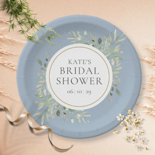 Elegant Dusty Blue Gold Greenery Bridal Shower  Paper Plate