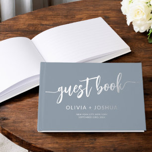 Elegant Dusty Blue Gold Photo Minimalist Guest Book