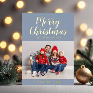 Elegant Dusty Blue Gold Script Christmas Photo Foil Holiday Card